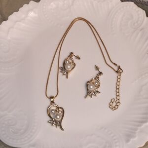 Goldtone Faux Pearl Heart Pendant Necklace & Earrings- Elegant Women Jewelry